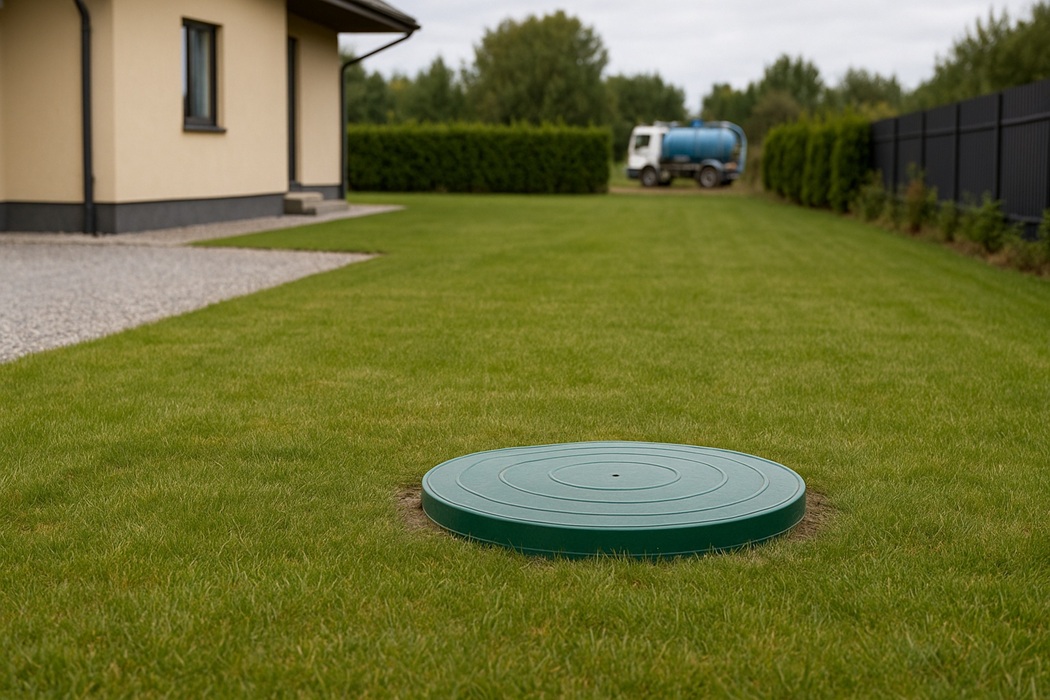 Pokrywa szamba na trawniku przed domem; szeroki kadr, instalacja ukończona, w tle ogrodzenie i wóz asenizacyjny.