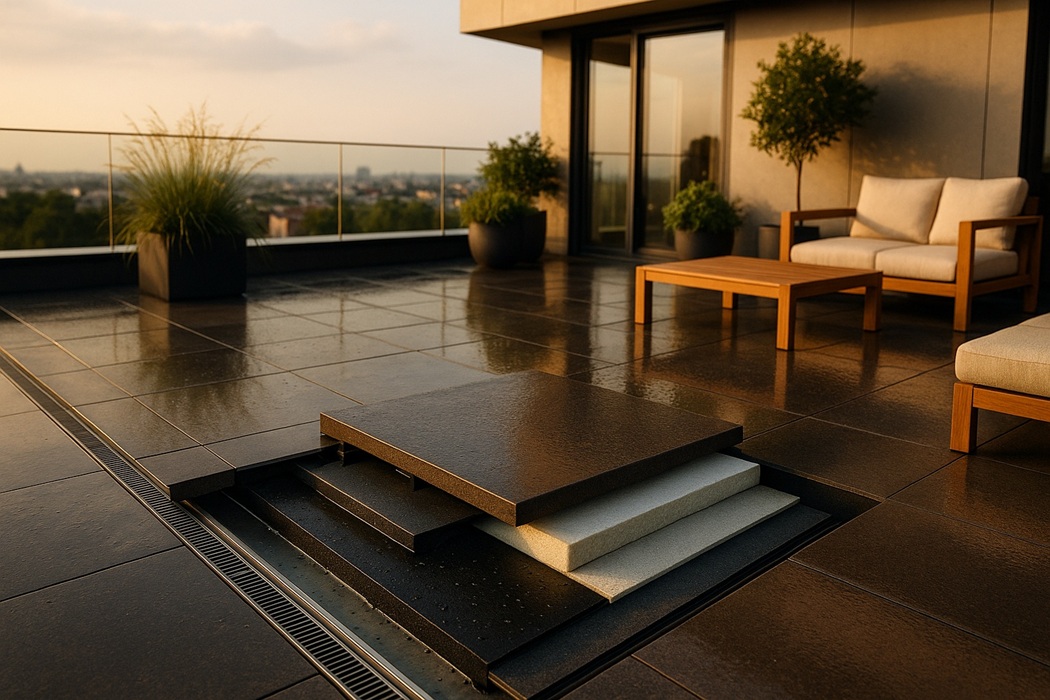 Izolacja tarasu nad ogrzewanym pomieszczeniem – elegancki taras, przekrój warstw: okładzina, hydroizolacja, ocieplenie, odwodnienie liniowe.