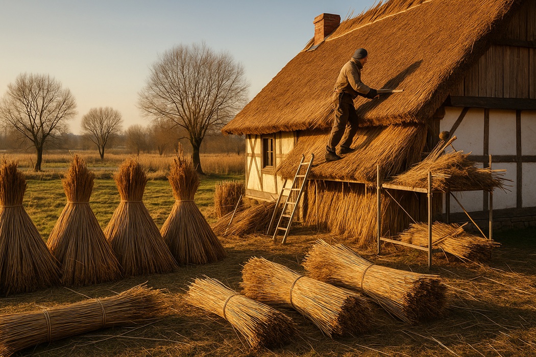 Trzcinowy dach w trakcie budowy – ekologiczne pokrycie dachowe ze snopków trzciny.
