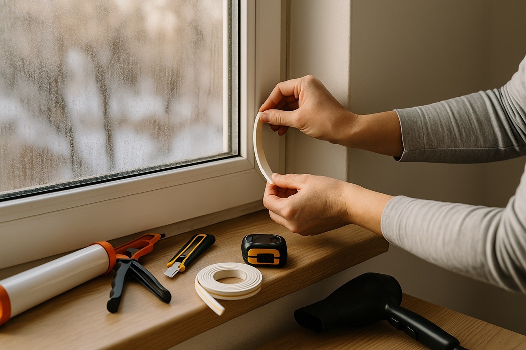 Ręce naklejają uszczelkę piankową na ramę okna PVC; na parapecie silikon, nożyk, miarka i suszarka, za szybą zimowy krajobraz.
