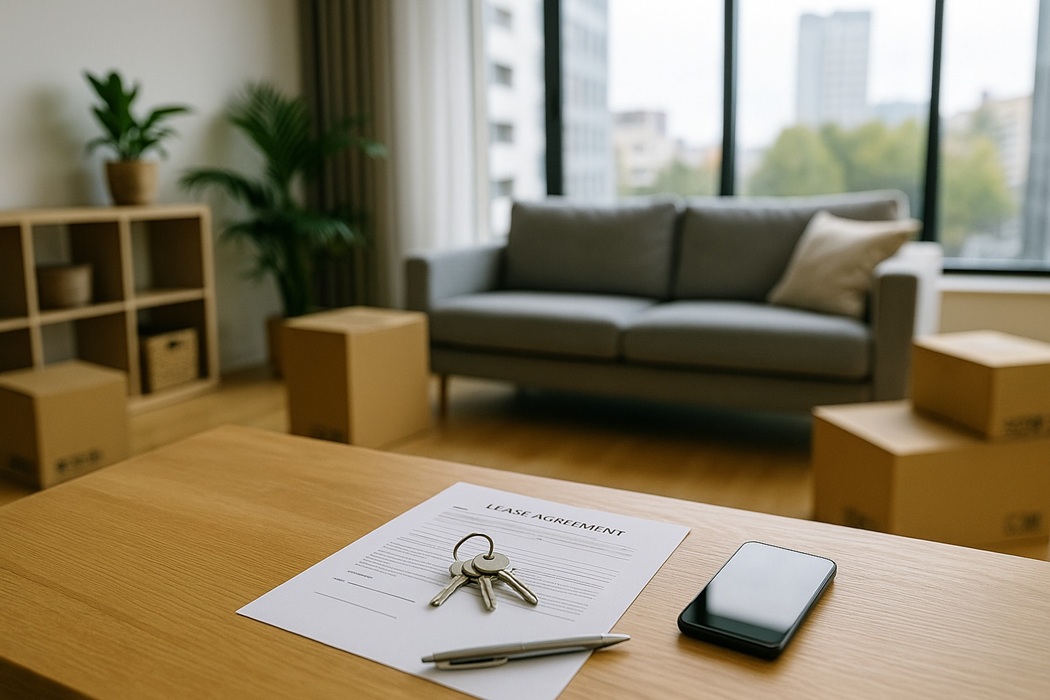 Wynajem mieszkania – klucze i umowa najmu na stoliku w nowoczesnym salonie, kartony do przeprowadzki, duże okna.