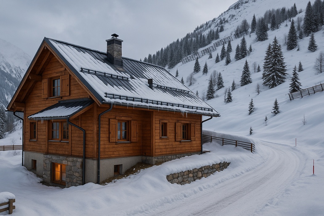 Górski dom zimą — gruba warstwa śniegu na stromym dachu, odśnieżony dojazd i drewniana elewacja; przykład zabezpieczenia domu w górach przed śniegiem.