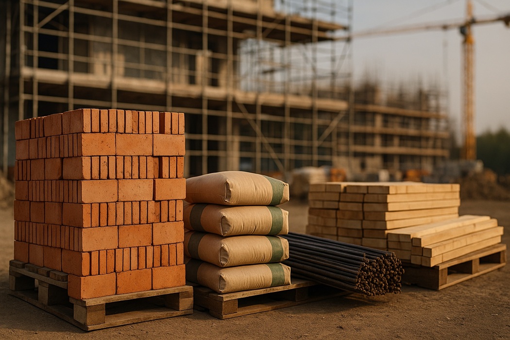 Zmiany cen materiałów budowlanych – cegły, cement, drewno i stal na placu budowy, ujęcie szerokie, realistyczne.