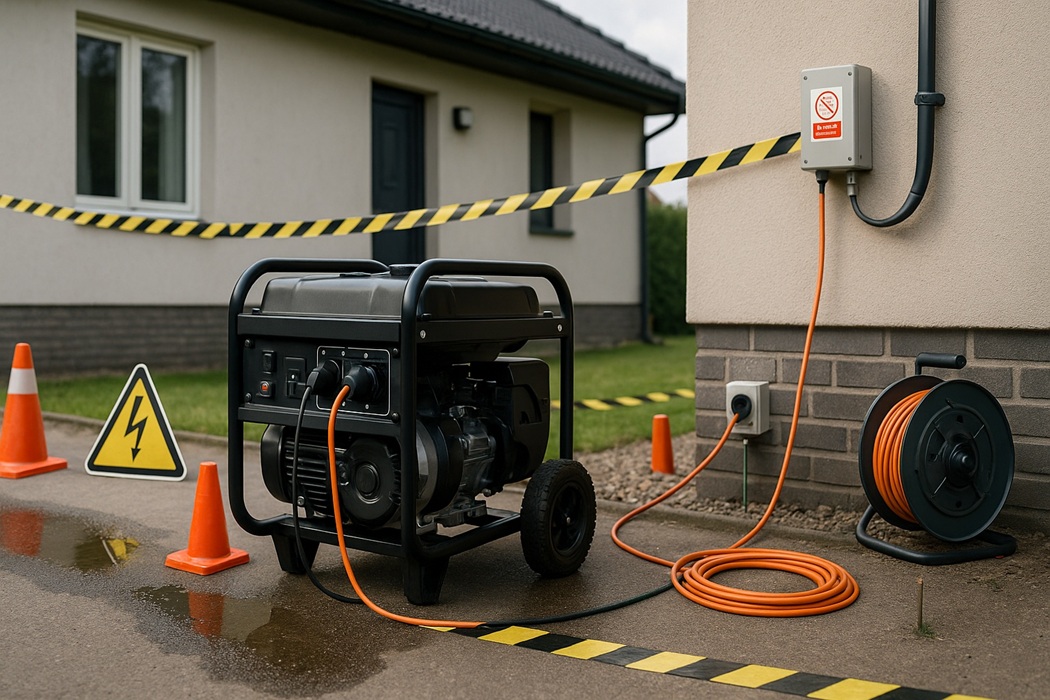 Agregat prądotwórczy na podjeździe domu, podłączony do przełącznika sieć–agregat; pomarańczowe kable, pachołki i taśma ostrzegawcza – zasilanie awaryjne.