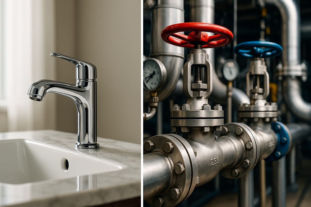 Armatura: sanitarny kran w łazience i przemysłowe zawory w tle.