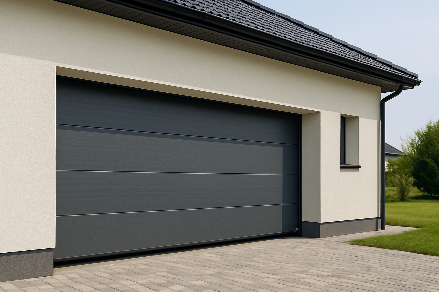 Nowoczesna brama garażowa segmentowa w kolorze antracytu w jasnej elewacji domu jednorodzinnego, ciemny dach i brukowany podjazd.