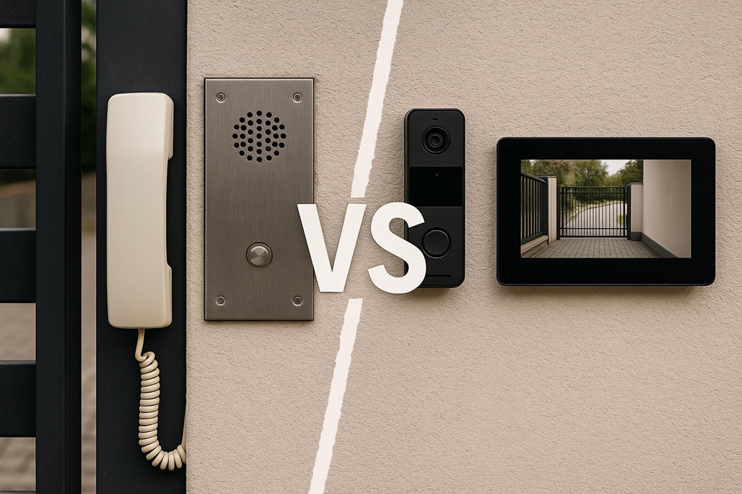 Interkom vs wideodomofon – panel ze słuchawką po lewej, kamera i ekran po prawej, linia VS