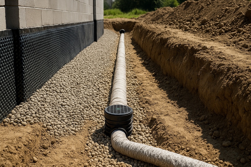 Drenaż opaskowy fundamentów – rura perforowana w geowłókninie na żwirze, przy ścianie z matą kubełkową.