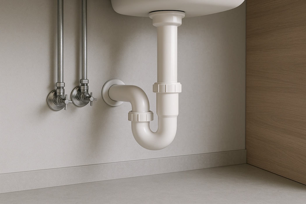 Drożność rur – syfon P-trap pod zlewem, rury PVC i zawory odcinające, realistyczna instalacja kanalizacyjna w szafce.