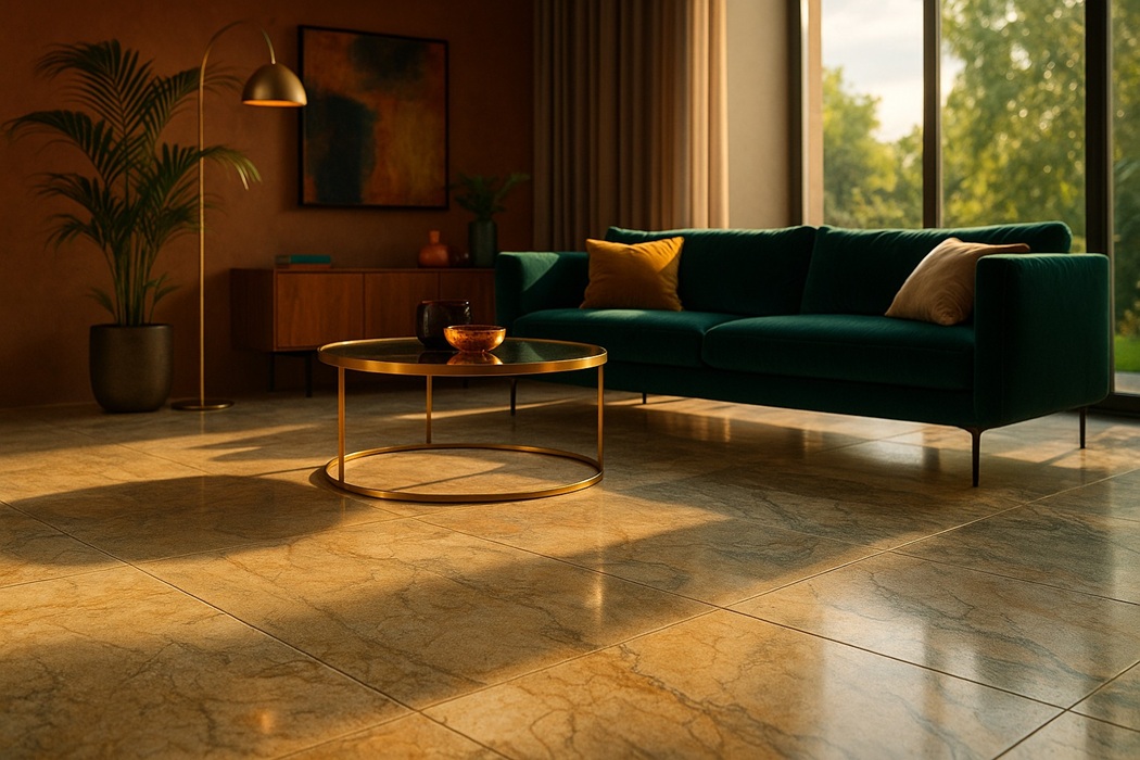 Kamień naturalny na podłodze w przestronnym salonie – styl, trwałość i komfort użytkowania.