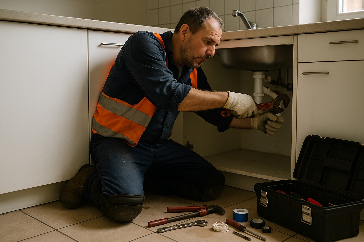 Hydraulik przy pracy pod zlewem – zestaw narzędzi dla hydraulika: klucz do rur, obcinak do rur, taśma teflonowa, skrzynka narzędziowa.