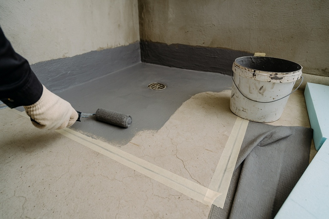 Hydroizolacja pod posadzką – nakładanie szarej folii w płynie na spękany betonowy podkład w łazience, z odpływem punktowym, taśmami przy ścianie i wiadrem z masą.