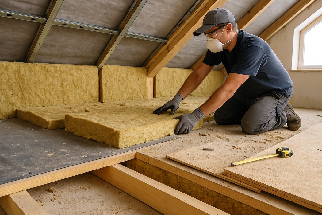 Izolacja akustyczna dachu i stropu na poddaszu – monter układa płyty z wełny mineralnej między krokwiami i na podłodze.
