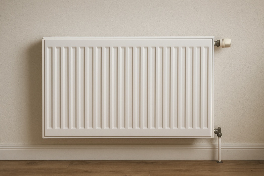 Standardowy biały grzejnik panelowy pod oknem w mieszkaniu – przykład doboru mocy grzejnika do pomieszczenia i ogrzewania centralnego