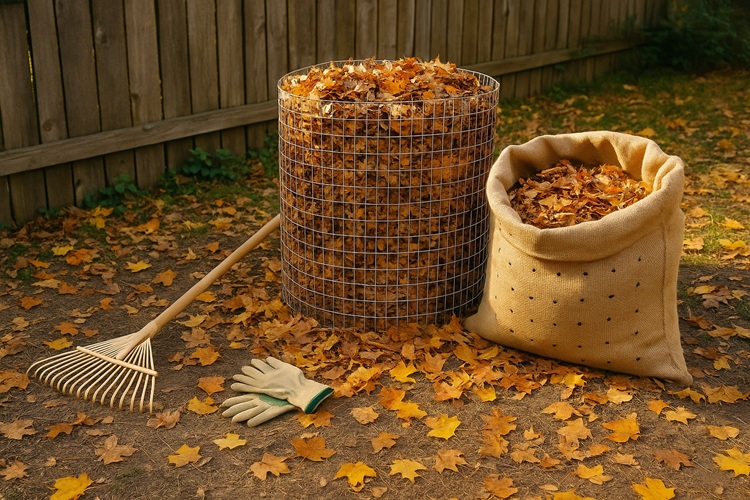 Co zrobić z opadłymi liśćmi – liściownia: kosz z siatki pełen liści, worek jutowy i grabie w jasnym, szerokim kadrze ogrodu.