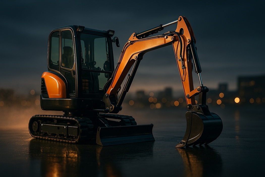 Minikoparka (mini koparka) na mokrym asfalcie o zmierzchu, czarno-pomarańczowa, z odbiciem świateł miasta w tle — nowoczesny sprzęt budowlany na gąsienicach z łyżką.