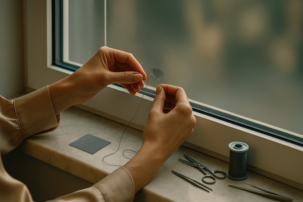 Jak naprawić dziurę w moskitierze – eleganckie dłonie zszywają siatkę przy oknie, narzędzia na parapecie.