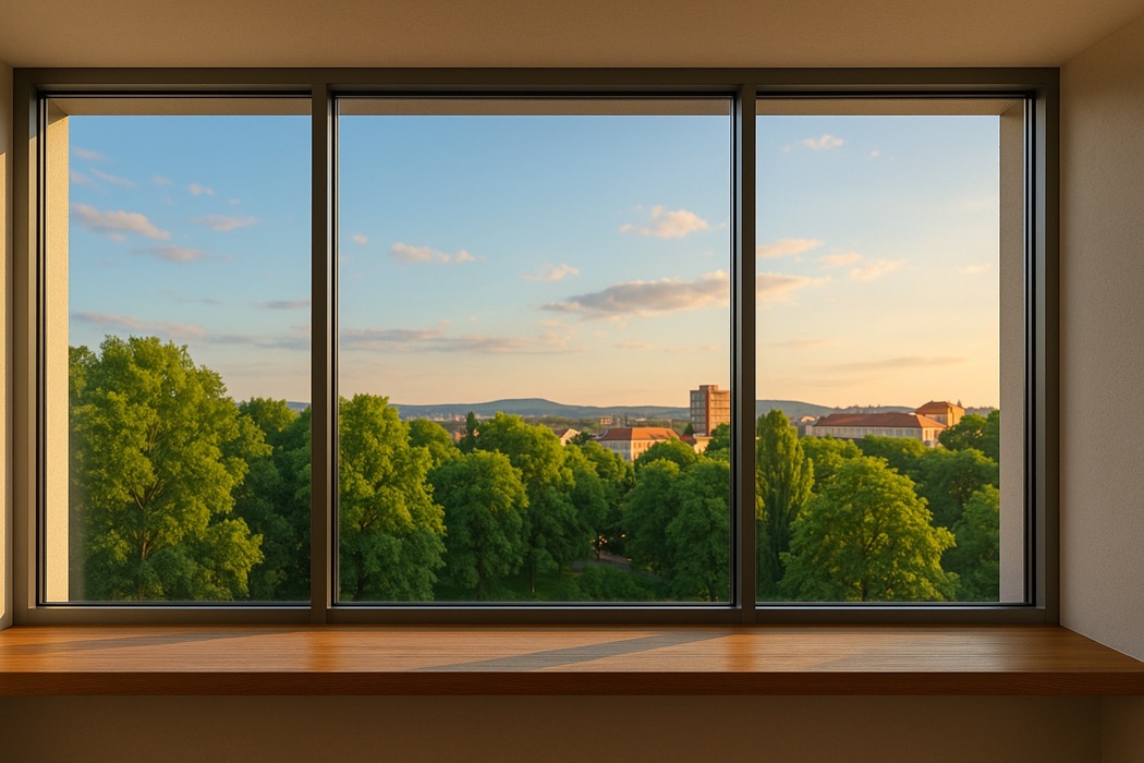Nowoczesne, panoramiczne okno z wąskimi aluminiowymi ramami — szerokie przeszklenie, drewniany parapet i widok na nasyconą zieleń o złotej godzinie.