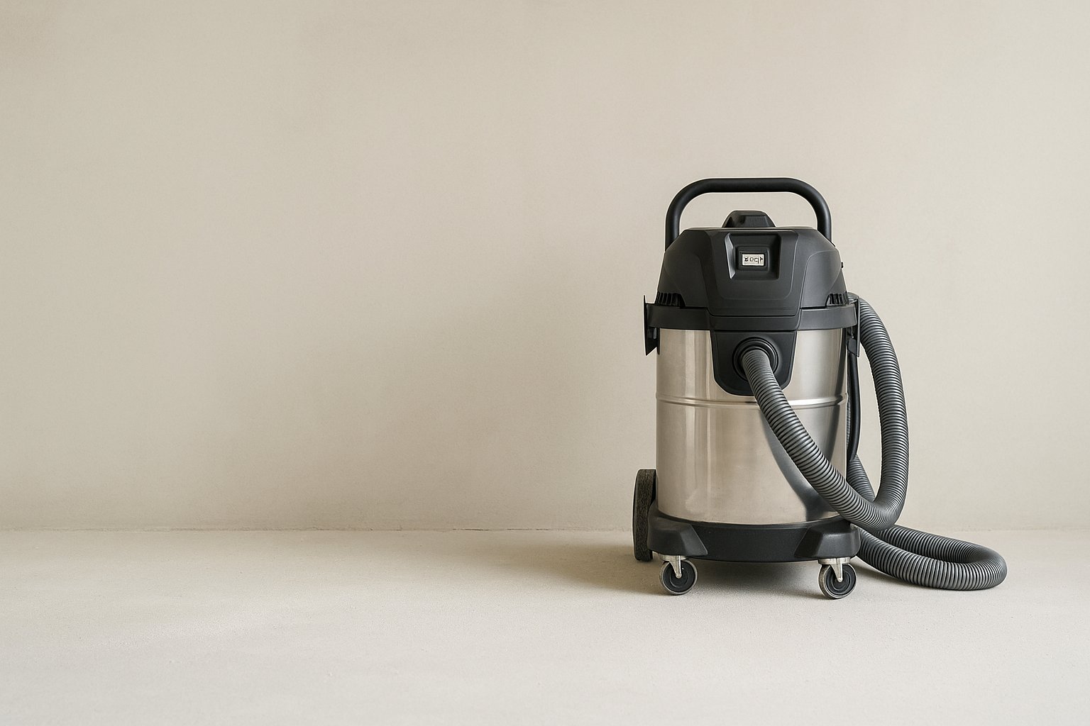 Odkurzacz przemysłowy do gipsu i drobnego pyłu na tle jasnej ściany, szeroki kadr poziomy.