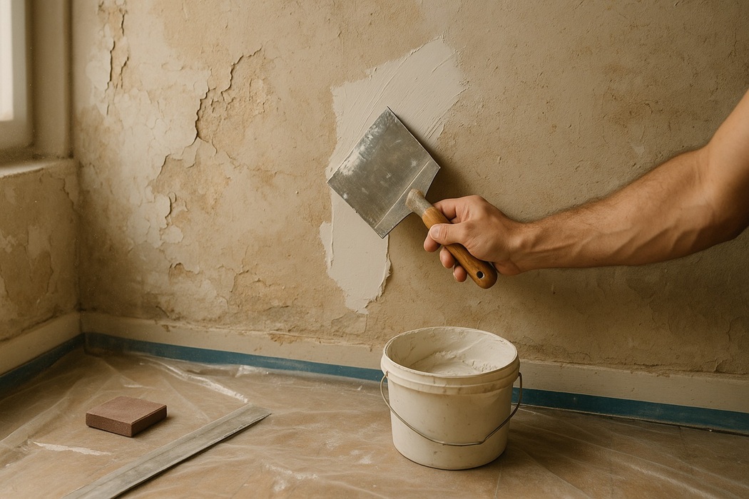 Odnowa starego tynku na ścianie – szpachlowanie i wyrównywanie przed malowaniem.