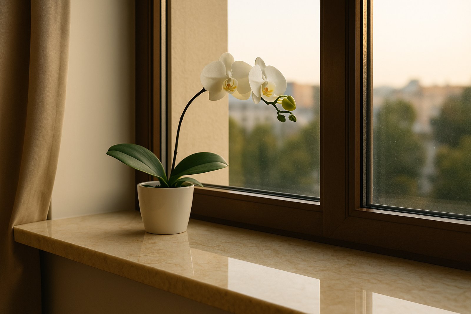 Nowoczesny parapet z konglomeratu pod oknem, wysoki połysk i subtelne refleksy – przykład stylowego wykończenia.