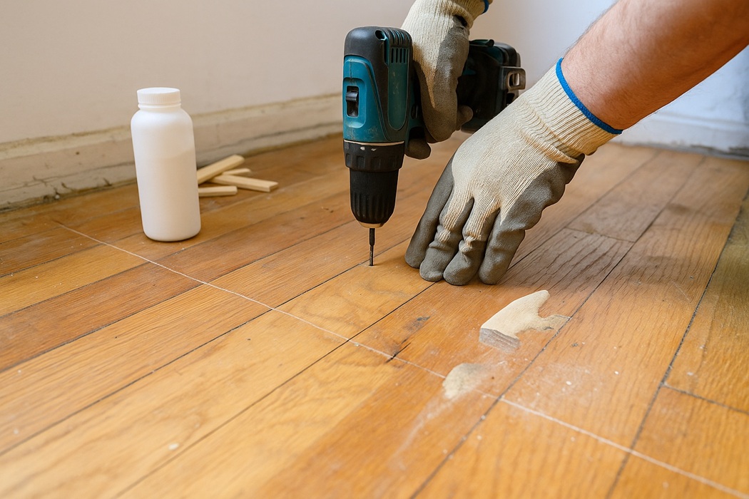 Skrzypiąca podłoga drewniana – naprawa: wkręcanie wkręta w poluzowaną deskę wkrętarką; w tle talk do zasypywania szczelin i kliny dystansowe, szerokie naturalne ujęcie.
