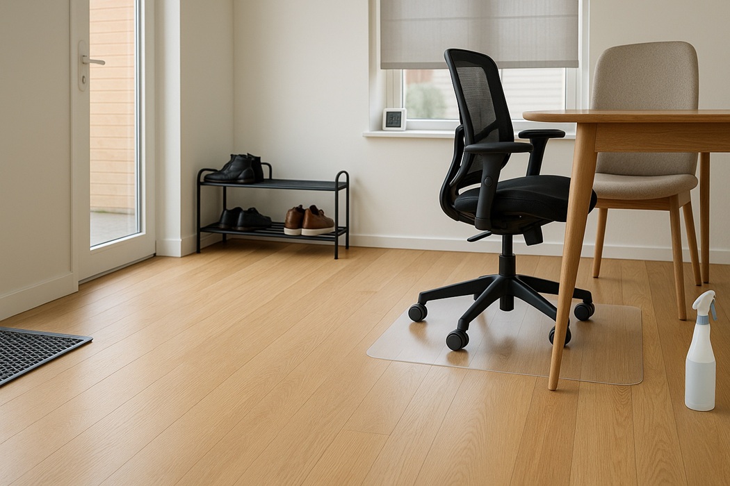 Jak chronić podłogę: szeroki kadr jasnej podłogi drewnianej/LVT, miękkie kółka PU na macie, filc pod nogami stołu, czyszczenie pH neutralnym środkiem.