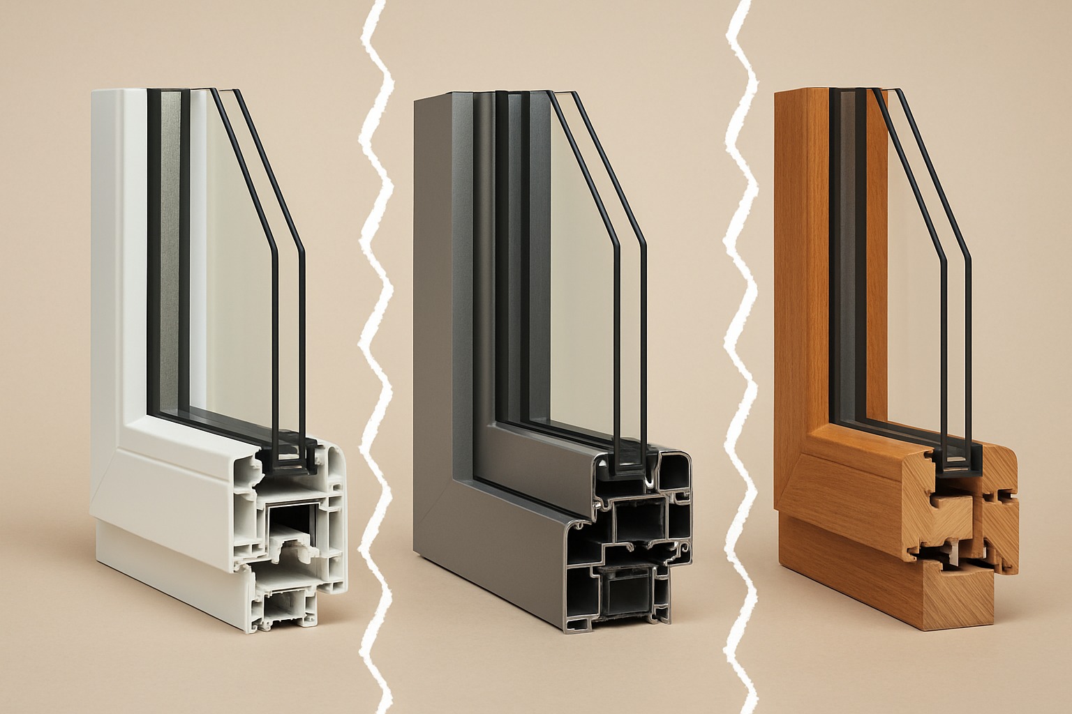 Rodzaje profili okiennych – PVC, aluminium i drewno; przekroje trzech ram, oddzielone białymi zygzakowatymi liniami na neutralnym tle.