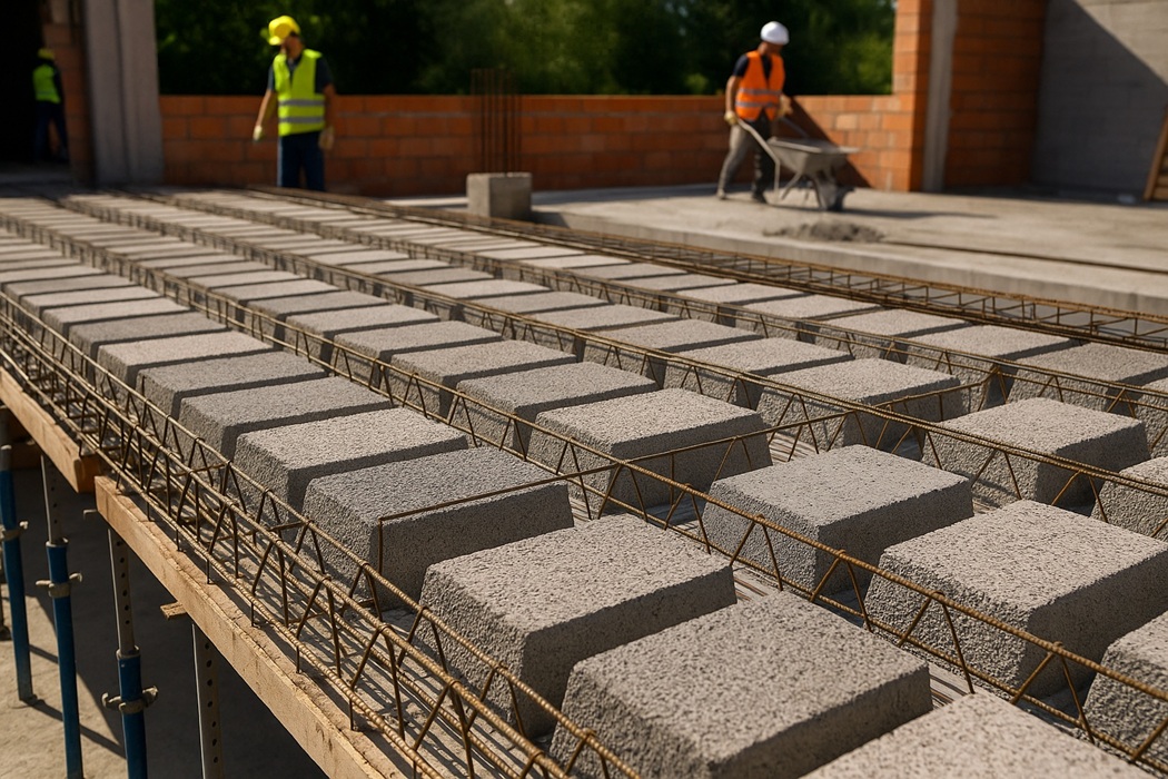 Strop Teriva – montaż pustaków między belkami kratownicowymi, zbrojenie i podpory montażowe na budowie domu jednorodzinnego.