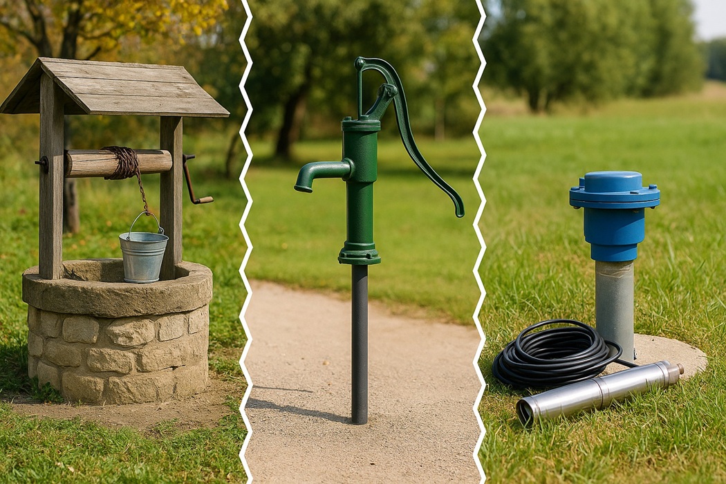 Rodzaje studni: kopana (kamienny krąg z daszkiem i wiadrem), abisyńska (zielona pompa ręczna), głębinowa (głowica z pompą) — ujęcia oddzielone białą, zygzakowatą linią.