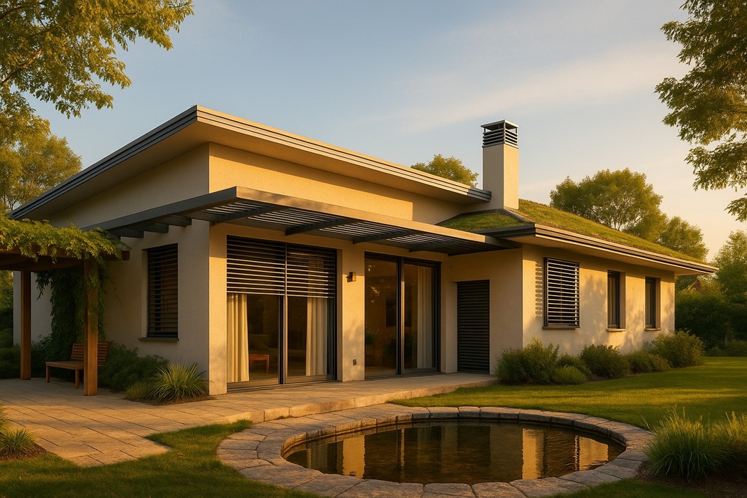 Chłodzenie pasywne w domu jednorodzinnym: okapy, brise-soleil, żaluzje zewnętrzne, zielony dach i oczko wodne w ogrodzie.