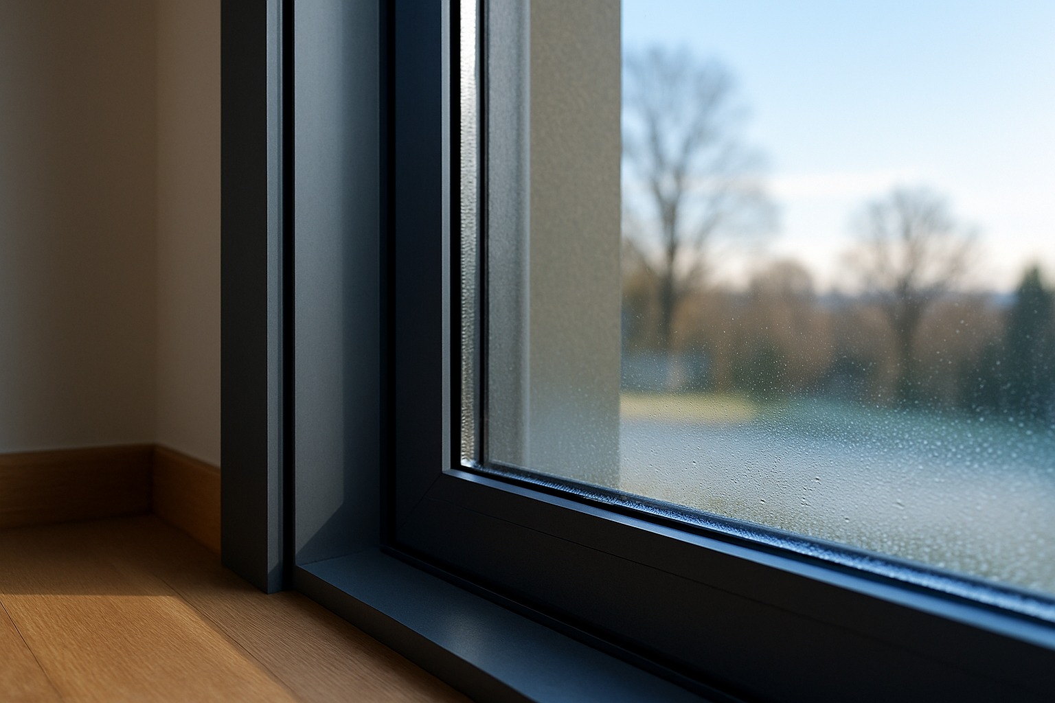Szkło niskoemisyjne w nowoczesnym oknie – zbliżenie ramy aluminiowej, krople kondensacji, zimowy widok.