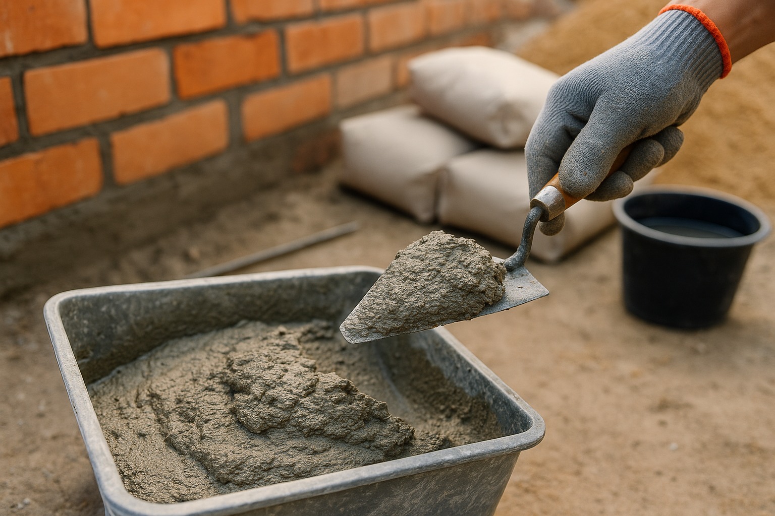 Zaprawa murarska na kielni nad kuwetą, prace przy ścianie z cegły.