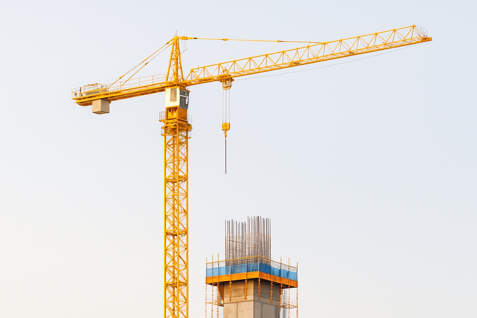 Żuraw wieżowy – żółty dźwig na tle jasnego nieba, pracujący nad żelbetowym rdzeniem budynku; szeroki, realistyczny kadr nowoczesnej budowy.