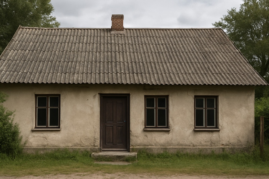 Zdjęcie starego domu jednorodzinnego na wsi z szerokim szarym dachem z eternitu, jasną elewacją i trawnikiem przed wejściem.