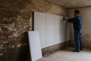 Pracownik montuje od środka jasnoszare płyty izolacyjno-renowacyjne na starej, miejscami zawilgoconej ceglanej ścianie w piwnicy lub przyziemiu, ujęcie poziome, szerokie - zdjęcie poglądowe.