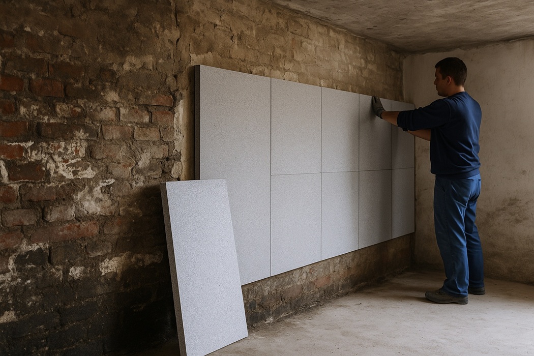 Pracownik montuje od środka jasnoszare płyty izolacyjno-renowacyjne na starej, miejscami zawilgoconej ceglanej ścianie w piwnicy lub przyziemiu, ujęcie poziome, szerokie - zdjęcie poglądowe.