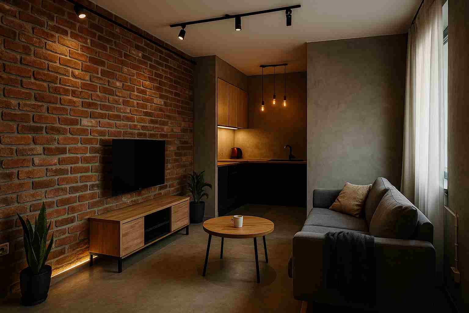 Loft w bloku – cegła, mikrocement, oświetlenie