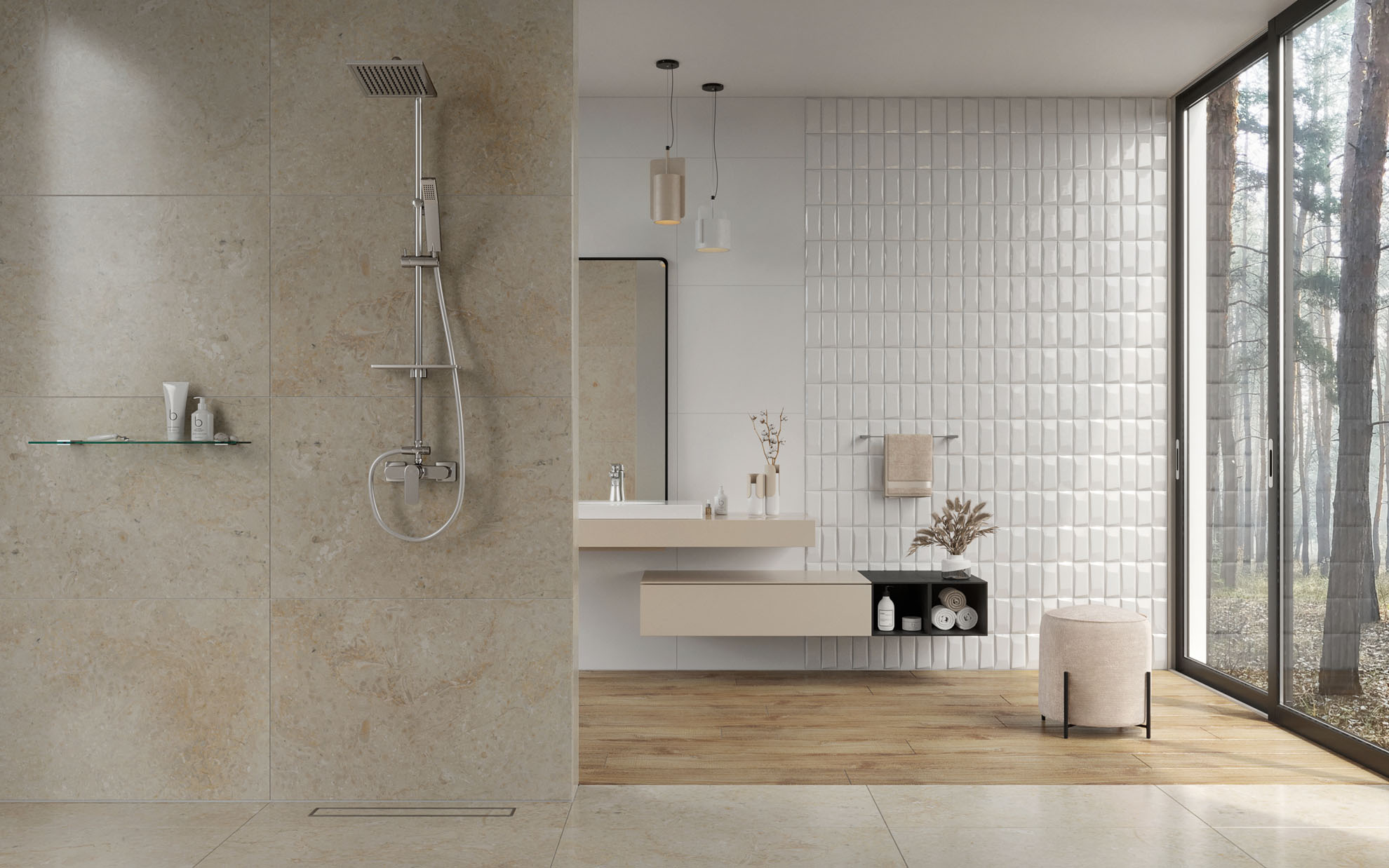 FDESIGN, Bateria natryskowa z deszczownią PINEA_ Bateria umywalkowa PINEA_ półka szklana KELLY