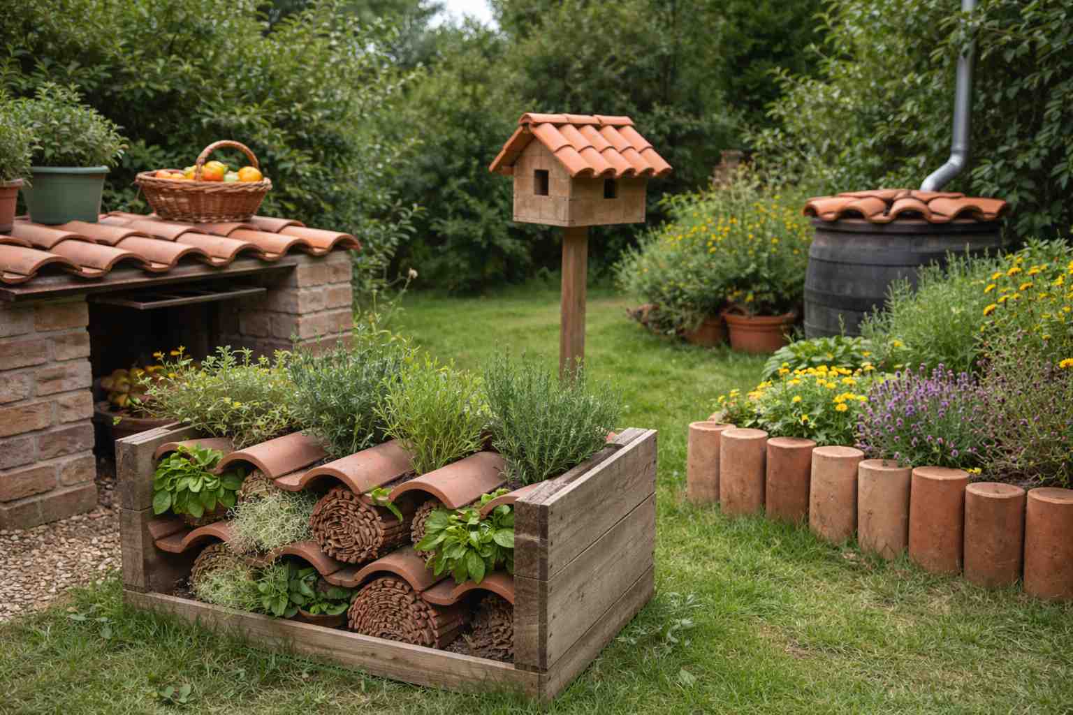 Nie tylko na dach – 5 sposobów, jak wykorzystać dachówkę w małej architekturze ogrodowej Stare dachówki zwykle kojarzą się z rozbiórką, kontenerem i bałaganem po remoncie. A jednak to jeden z tych materiałów, które w ogrodzie potrafią dostać drugie życie – i to całkiem efektowne. Są ciężkie, odporne na pogodę, a do tego mają „gotową” fakturę i kolor, których trudno szukać w nowych elementach dekoracyjnych z marketu. Oczywiście pod warunkiem, że wybierzesz sztuki całe (bez ostrych pęknięć) i potraktujesz je jak budulec, a nie odpad. Ważna uwaga na start: w tym tekście chodzi o klasyczne dachówki ceramiczne lub betonowe. Nie wykorzystuj w ogrodzie dawnych płyt falistych z azbestem ani materiałów, co do których nie masz pewności. Poniżej pięć pomysłów, które mają sens w praktyce: są proste do wykonania, wyglądają naturalnie i nie wymagają wielkich umiejętności budowlanych – raczej odrobiny cierpliwości i dobrego planu. Obrzeża rabat i „opaska” wokół roślin To najprostszy, a zarazem najbardziej „ogrodowy” sposób. Dachówka dobrze sprawdza się jako obrzeże rabaty, bo stabilizuje krawędź ziemi i oddziela trawnik od nasadzeń. W praktyce wygląda to tak: wykopujesz płytki rowek (na szerokość dachówki), robisz podsypkę z piasku, ustawiasz dachówki na sztorc albo pod lekkim kątem i dobijasz gumowym młotkiem. Dzięki podsypce łatwiej wyrównać linię i utrzymać powtarzalną wysokość. Efekt jest konkretny: rabata zyskuje wyraźną krawędź, koszenie jest prostsze, a ziemia nie „wypływa” na trawnik po deszczu. Bonus estetyczny: jeśli masz dachówki w różnych odcieniach (na przykład po latach wymieniane partiami), możesz z tego zrobić zamierzony „patchwork” – wygląda zaskakująco naturalnie, jakby ogród był tak urządzony od zawsze. Wskazówka praktyczna: do obrzeży bierz sztuki całe, a popękane wykorzystuj jako kliny pod spodem lub w miejscach niewidocznych. I pilnuj poziomu – jedna krzywa dachówka potrafi zepsuć cały rytm krawędzi. Podwyższona grządka lub niski mur oporowy Dachówki – szczególnie betonowe – można układać warstwowo, tworząc niską ściankę: ramę dla podwyższonej grządki, obrzeże dla krzewów albo delikatne „schodkowanie” terenu na niewielkiej skarpie. Taka konstrukcja ma sens głównie jako niska forma, która porządkuje przestrzeń, a nie jako wysoki mur. Najlepiej działa układ „na mijankę”: dachówki kładziesz jedna na drugiej z przesunięciem, żeby łączenia nie wypadały w jednym miejscu. Pod spodem przydaje się prosta podbudowa: kilka centymetrów kruszywa, dobrze ubitego, i cienka warstwa piasku do wyrównania. Wnętrze podwyższonej grządki wypełniasz ziemią, ale pamiętaj o odpływie wody – przy większym nasyceniu wilgocią grunt potrafi napierać na ścianki. Jeśli teren jest bardzo mokry albo planujesz wyższą konstrukcję, lepiej postawić na niskie stopniowanie lub inne, pewniejsze rozwiązanie. Dachówka jest świetna do małej architektury, ale nie musi udawać muru oporowego z projektu budowlanego. Mini daszek nad karmnikiem, drewutnią albo skrzynką techniczną Jeśli dachówka ma w ogrodzie naturalną rolę, to właśnie tutaj. W praktyce często potrzebujemy małych zadaszeń: nad karmnikiem, nad pojemnikiem na drewno, nad skrzynką elektryczną czy osłoną na elementy instalacji. Daszek z dachówki jest trwały i wygląda „po domowemu”, a przy tym dobrze znosi słońce, deszcz i wiatr. Konstrukcja może być prosta: dwa boki z deski lub kantówki, poprzeczki i na nich dachówki. Klucz jest jeden: spadek. Nawet niewielki daszek powinien mieć nachylenie, żeby woda spływała, a śnieg nie zalegał. Druga sprawa to nośność: dachówka jest ciężka, więc stelaż musi być sztywny, dobrze skręcony i stabilnie zamocowany. W praktyce lepiej dać grubsze elementy konstrukcyjne niż „na styk” i potem martwić się, czy coś nie pracuje. Warto też zadbać o zabezpieczenie przed zsunięciem: dachówki nie powinny mieć możliwości przesuwania się po łatach. Jeśli daszek stoi w miejscu, gdzie często zaglądają dzieci, tym bardziej nie ma tu miejsca na luźne elementy. Ścieżka z dachówek i „stopnie” w trawie Nie każdy chce brukować ogród. Czasem wystarczy kilka „kroków” prowadzących do kompostownika, altany czy hamaka. Dachówki można wykorzystać jako punktowe płyty, ale z jednym warunkiem: muszą mieć stabilne, równe podparcie. Dachówka, która leży na nierównej ziemi i „mostkuje” nad pustką, potrafi pęknąć przy nadepnięciu. Wykonanie jest proste: wycinasz darń, wybierasz ziemię na głębokość kilku centymetrów, robisz podsypkę piaskową, wyrównujesz i dociskasz dachówkę tak, by jej górna powierzchnia była równo z trawnikiem. Dzięki temu kosiarka nie zahacza, a ścieżka wygląda naturalnie. Jeśli dachówki mają nieregularny kształt, ułóż je najpierw „na sucho”, żeby złapać rytm i wygodny rozstaw kroków. Doprecyzowanie, które warto uczciwie powiedzieć: po deszczu i przy nalotach (glony, mech) dachówka może robić się śliska. W miejscach często uczęszczanych lepiej wybierać sztuki o wyraźnej fakturze, pilnować czystości i unikać stromych fragmentów terenu. Hotel dla owadów, poidełko i detale z „odpadu” Najciekawsze rzeczy często powstają z resztek: połamanych dachówek, połówek, kawałków. To dobry materiał do drobnych projektów, które wspierają „żywy” ogród – taki, w którym są zapylacze i drobne pożyteczne stworzenia. Z dachówek można zbudować prostą, stabilną bazę hotelu dla owadów: układasz je warstwami jako „półki” i zadaszenie, a przestrzenie wypełniasz naturalnymi materiałami (patyki, szyszki, kawałki drewna z otworami, suche łodygi). Dachówka chroni wnętrze przed deszczem i daje ciężar, który pomaga utrzymać całość w miejscu. Podobnie z poidełkiem: płaska dachówka ustawiona stabilnie, z odrobiną wody i kilkoma kamykami jako „wyspą”, daje owadom bezpieczny dostęp do wody w upały. Jeśli masz zacięcie dekoratorskie, z drobnych kawałków dachówki da się ułożyć mozaikę przy rabacie albo wtopić fragmenty w obrzeża donic i skrzyń. To nie jest wielka konstrukcja, ale detal, który potrafi nadać ogrodowi charakter i sprawić, że wszystko wygląda spójnie. Podsumowanie Dachówka ma w sobie coś, czego brakuje wielu nowym materiałom: naturalną patynę, ciężar i trwałość. W małej architekturze ogrodowej sprawdza się świetnie – jako obrzeże, niski mur, daszek, punktowa ścieżka czy element wspierający bioróżnorodność. Najważniejsze są trzy zasady: wybieraj bezpieczne sztuki (bez ostrych wyszczerbień), rób stabilne podłoże (żeby nic nie pracowało i nie pękało) oraz myśl o wodzie (spływ, nasiąkanie, zamarzanie). Reszta to już przyjemna część pracy: dopasowywanie, układanie i patrzenie, jak „odpady” zaczynają wyglądać jak przemyślany projekt ogrodowy.