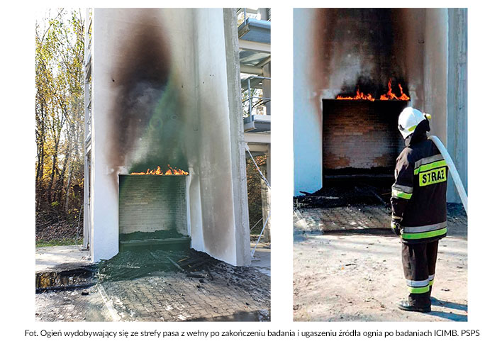 Ogien wydobywajacy sie ze strefy pasa z welny po badaniach ICIMB