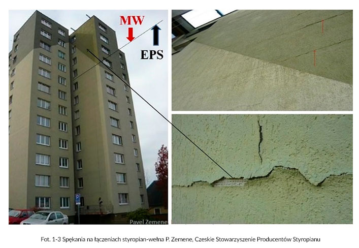 Fot. 1-3 Spękania na łączeniach styropian-wełna P. Zemene, Czeskie Stowarzyszenie Producentów Styropianu