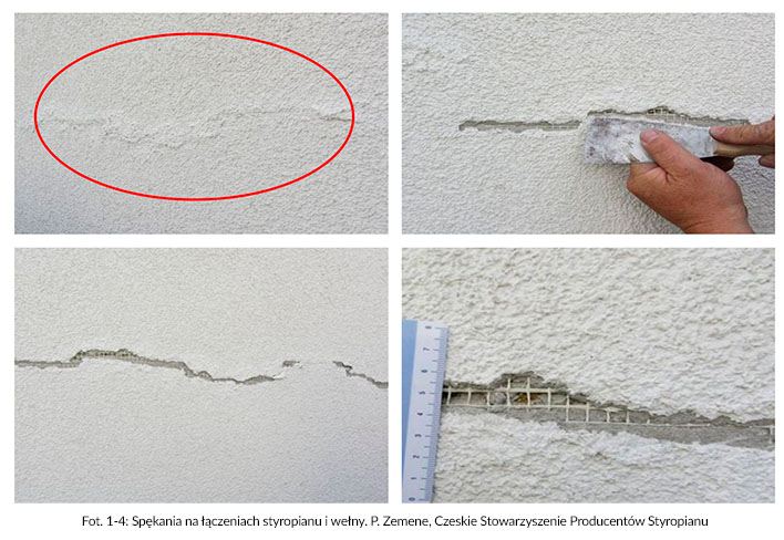 Fot. 1-4: Spękania na łączeniach styropianu i wełny. P. Zemene, Czeskie Stowarzyszenie Producentów Styropianu