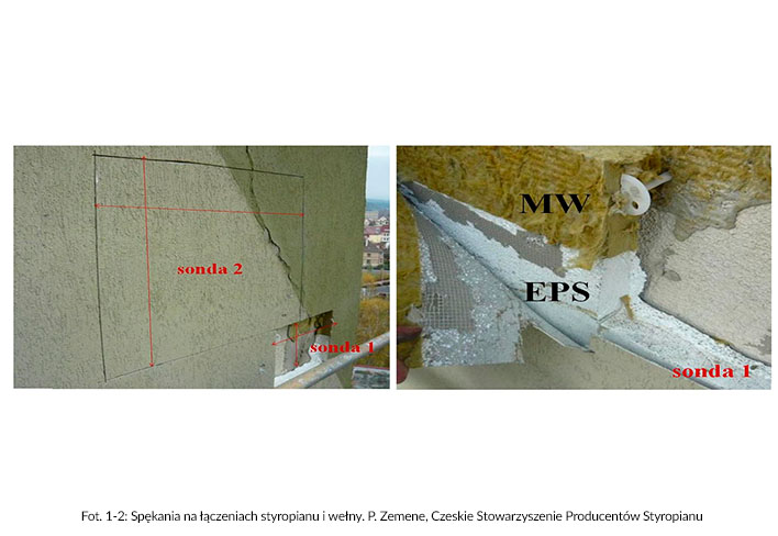 Fot. 1-2: Spękania na łączeniach styropianu i wełny. P. Zemene, Czeskie Stowarzyszenie Producentów Styropianu