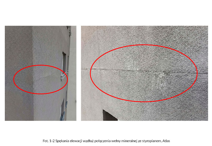 Fot. 1-2 Spękania elewacji wzdłuż połączenia wełny mineralnej ze styropianem, Atlas